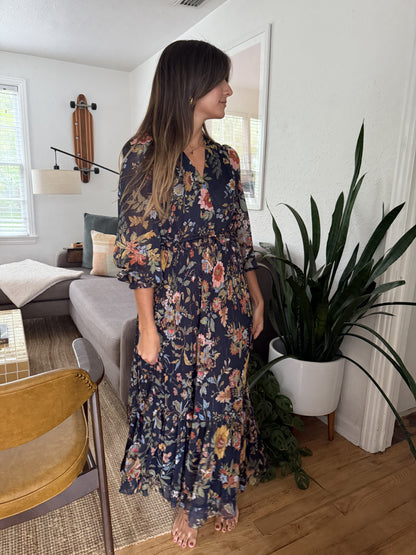 Current Air Midnight Floral Surplus Long Sleeve Midi Dress