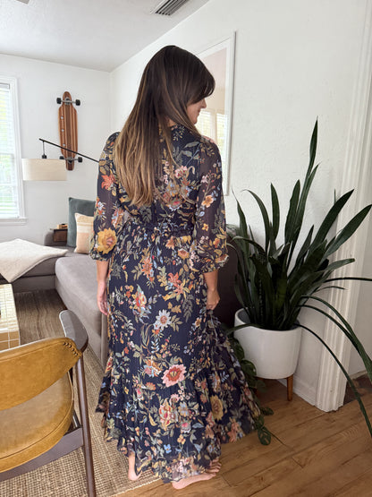 Current Air Midnight Floral Surplus Long Sleeve Midi Dress