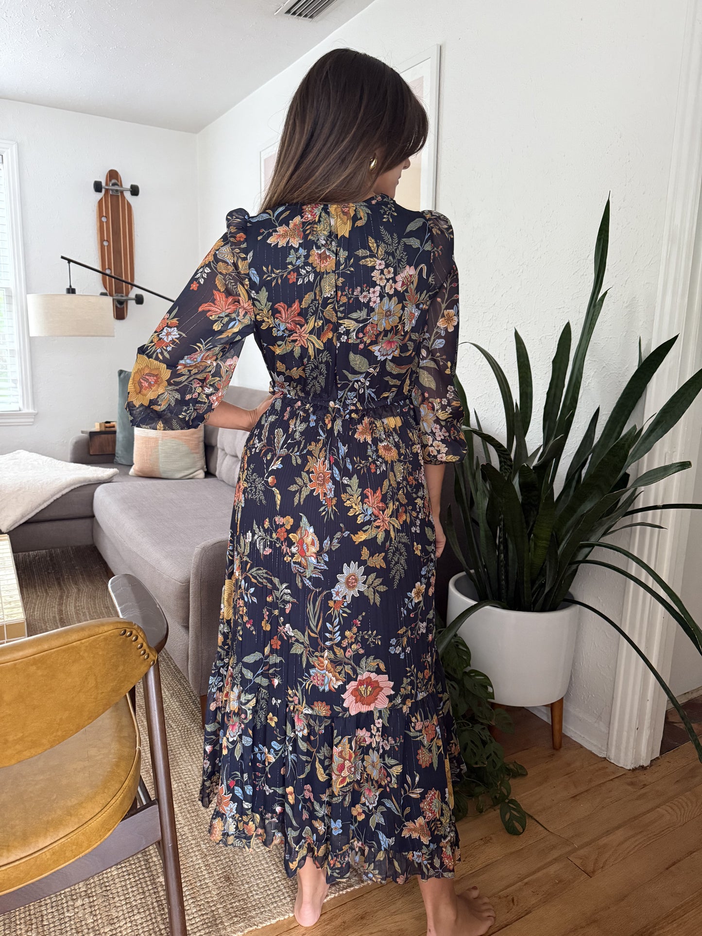 Current Air Midnight Floral Surplus Long Sleeve Midi Dress