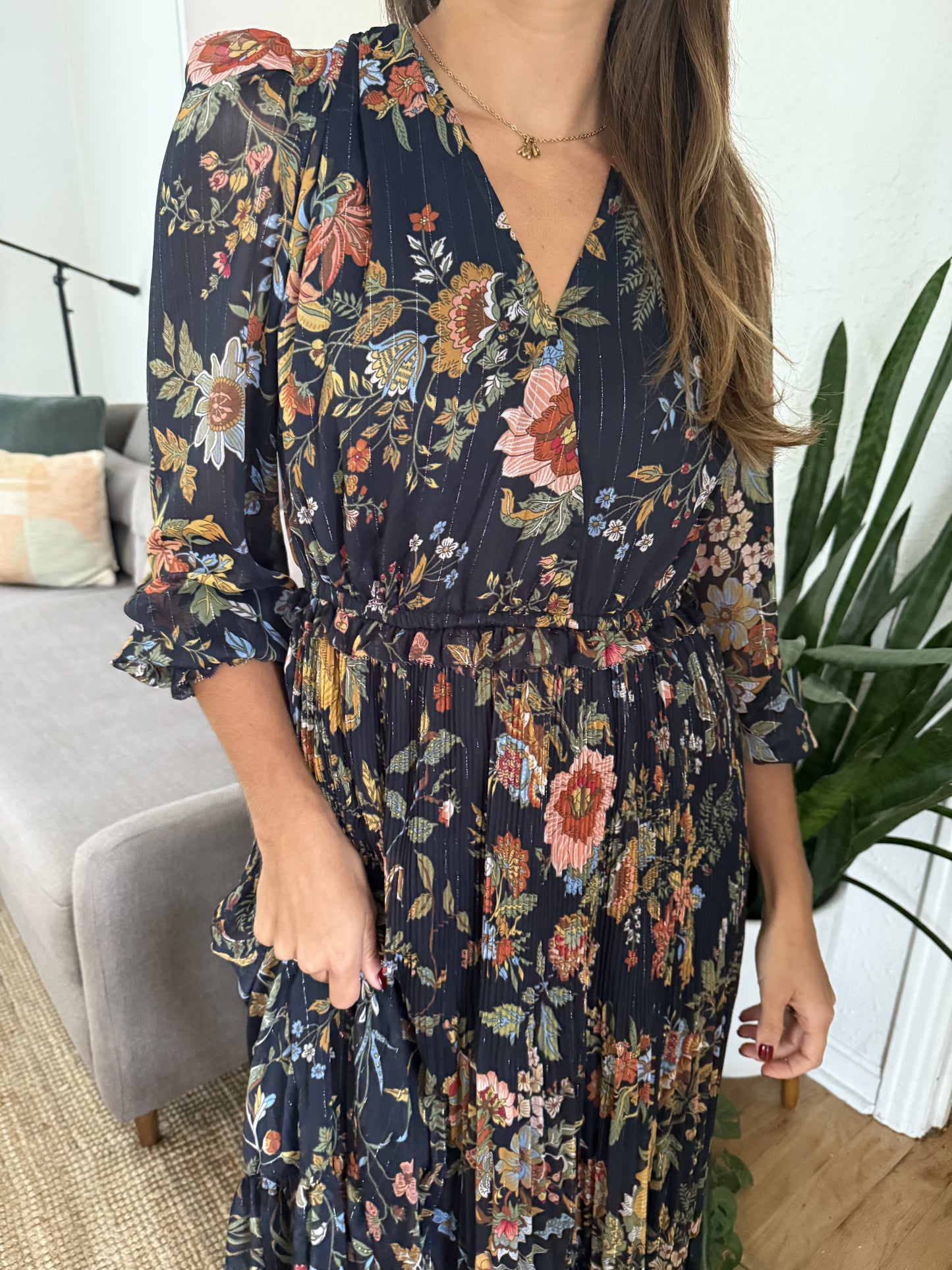 Current Air Midnight Floral Surplus Long Sleeve Midi Dress