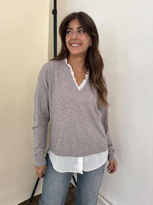 PINCH Dori Grey Knit Woven Combo Long Sleeve Top