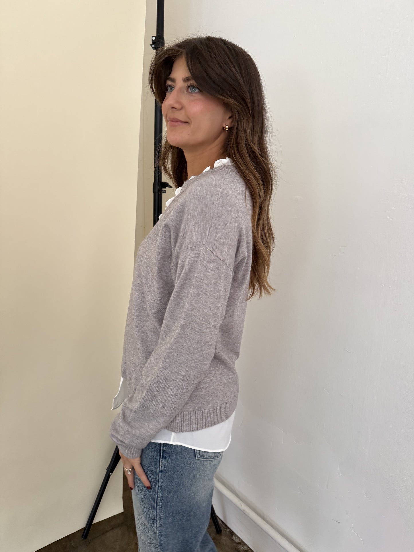 PINCH Dori Grey Knit Woven Combo Long Sleeve Top