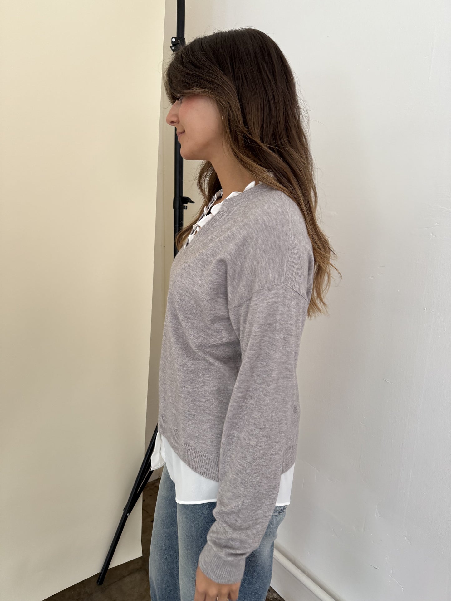 PINCH Dori Grey Knit Woven Combo Long Sleeve Top