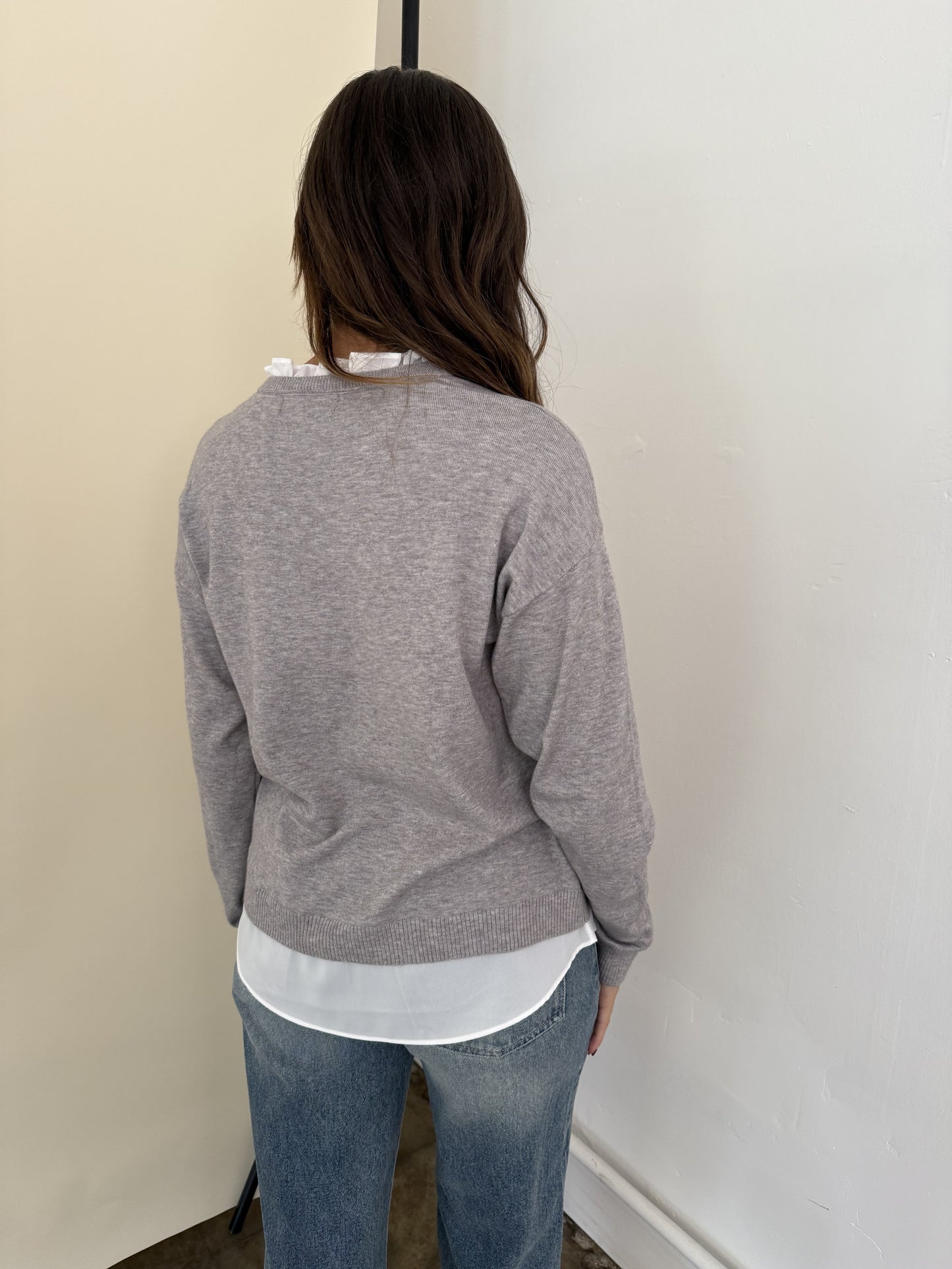 PINCH Dori Grey Knit Woven Combo Long Sleeve Top