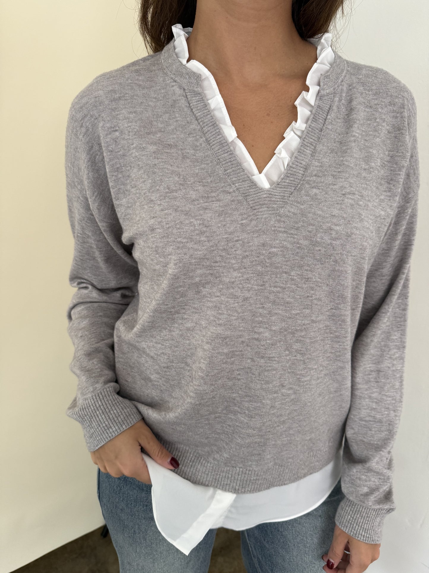 PINCH Dori Grey Knit Woven Combo Long Sleeve Top