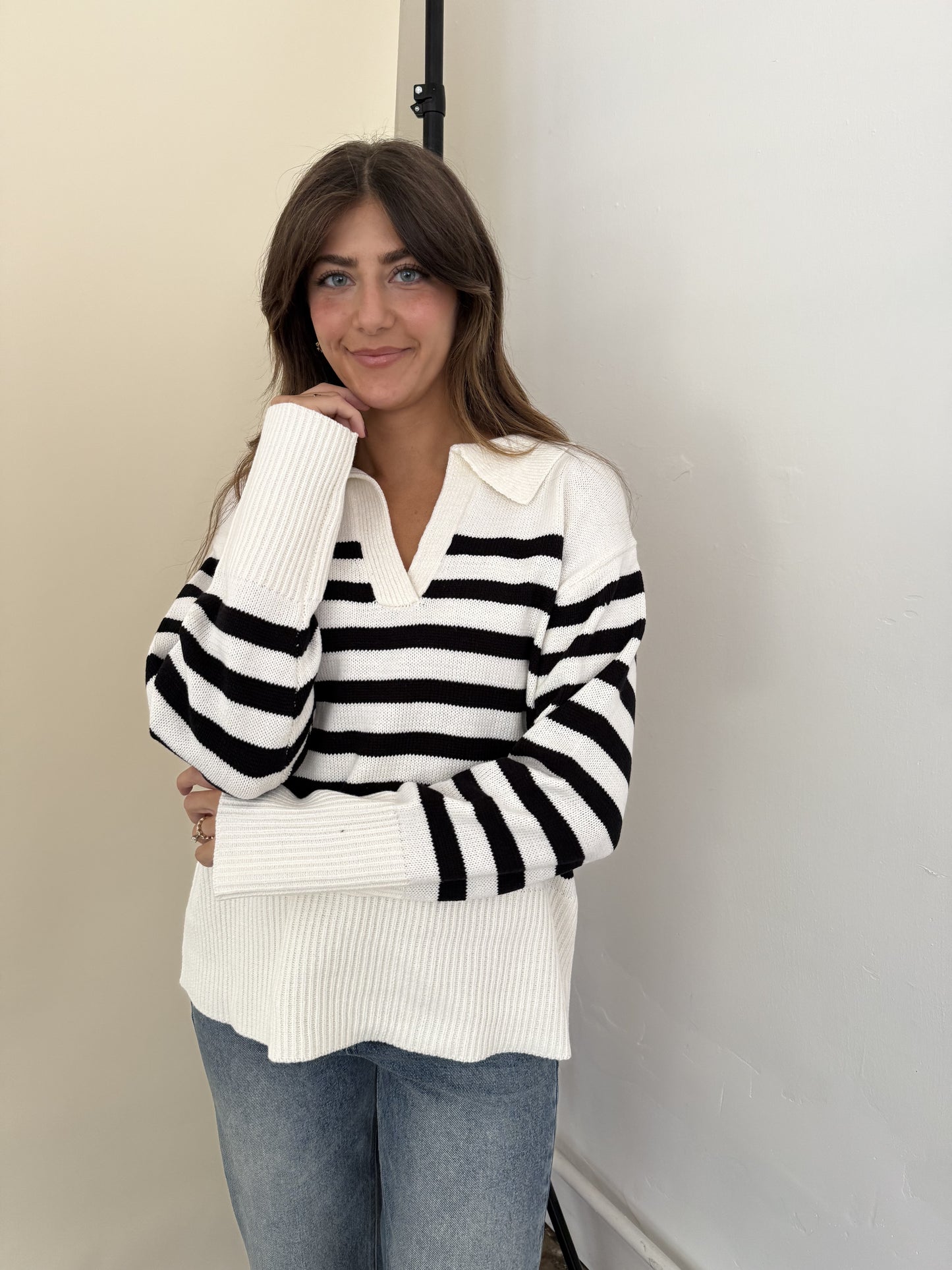 Needii Indie Cream and Black Striped Collared Sweater