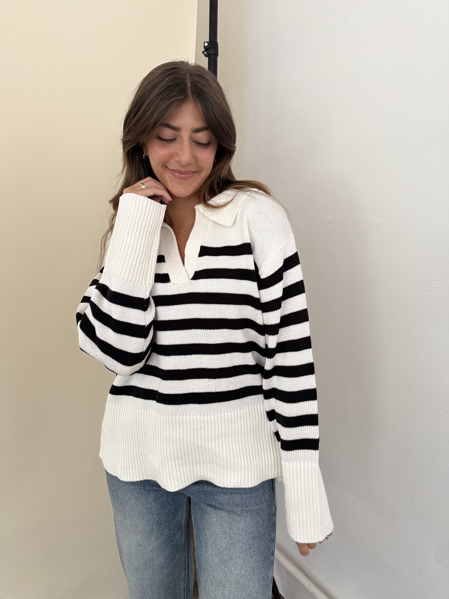 Needii Indie Cream and Black Striped Collared Sweater