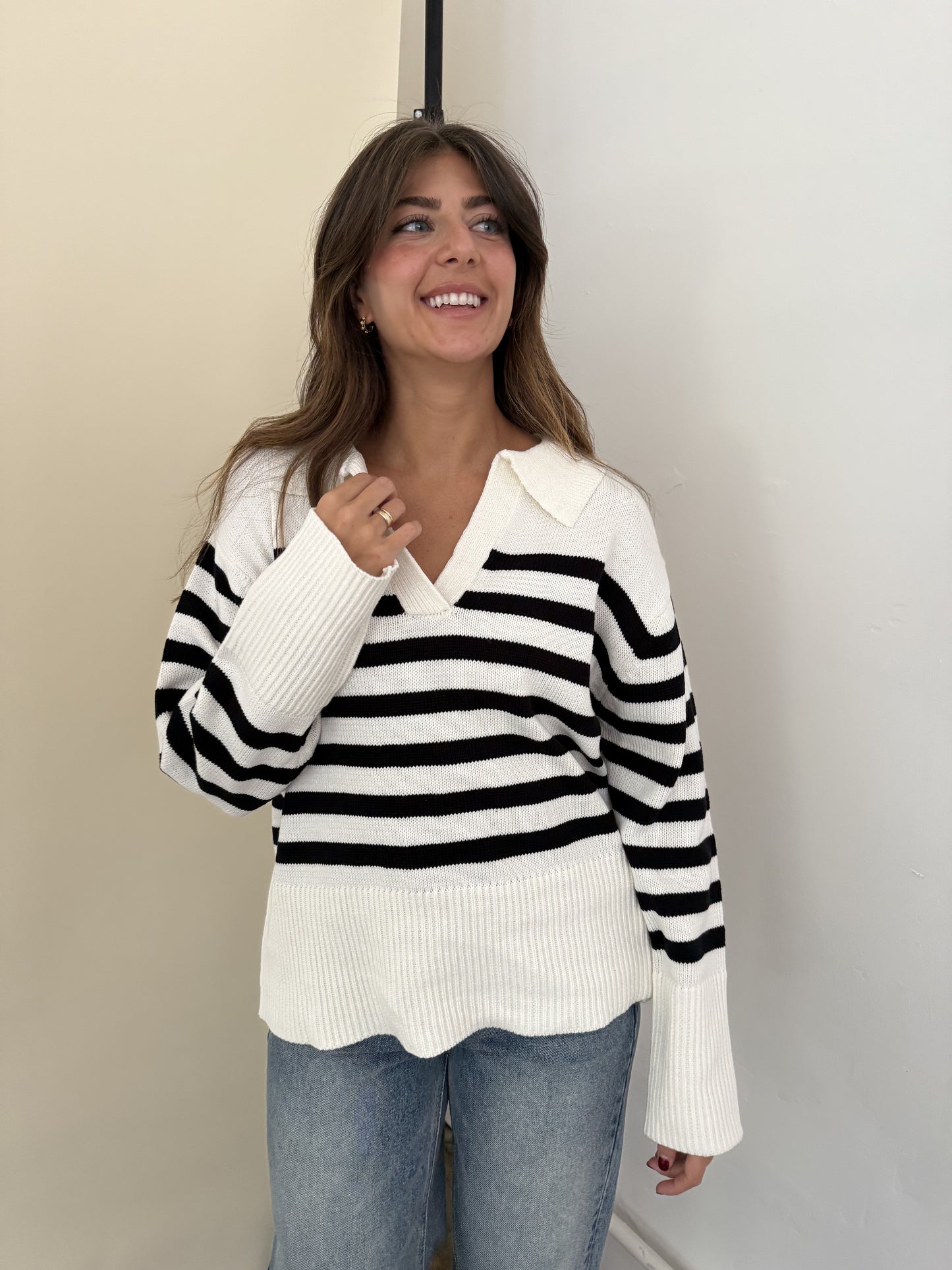 Needii Indie Cream and Black Striped Collared Sweater