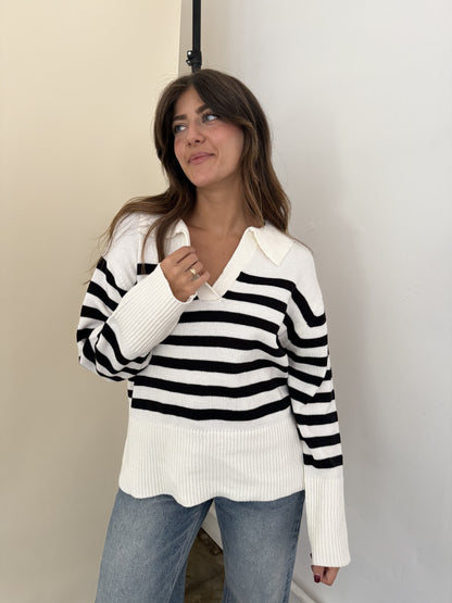 Needii Indie Cream and Black Striped Collared Sweater