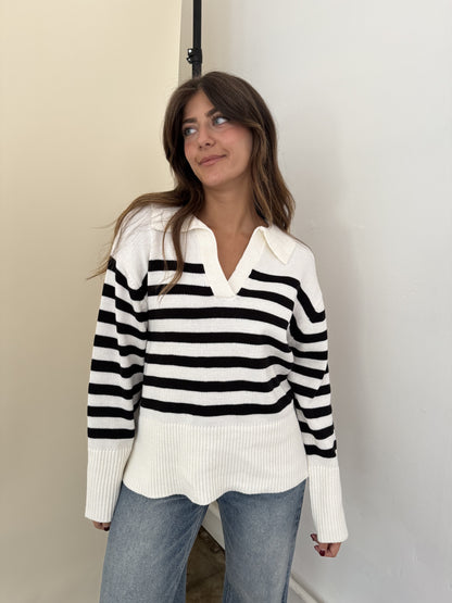 Needii Indie Cream and Black Striped Collared Sweater