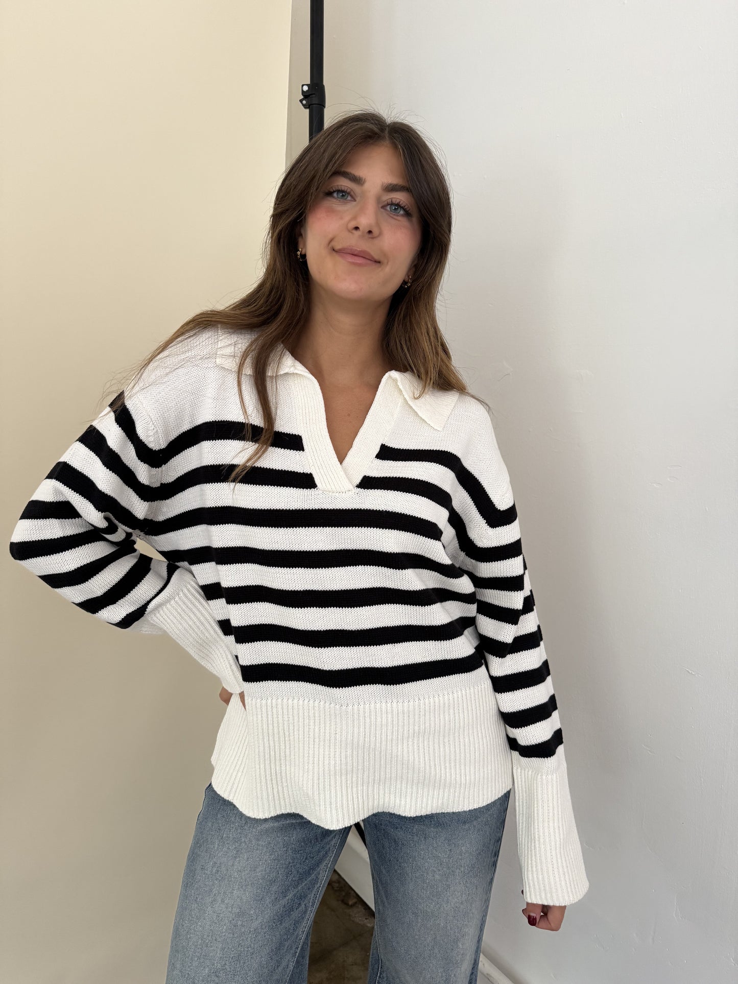 Needii Indie Cream and Black Striped Collared Sweater