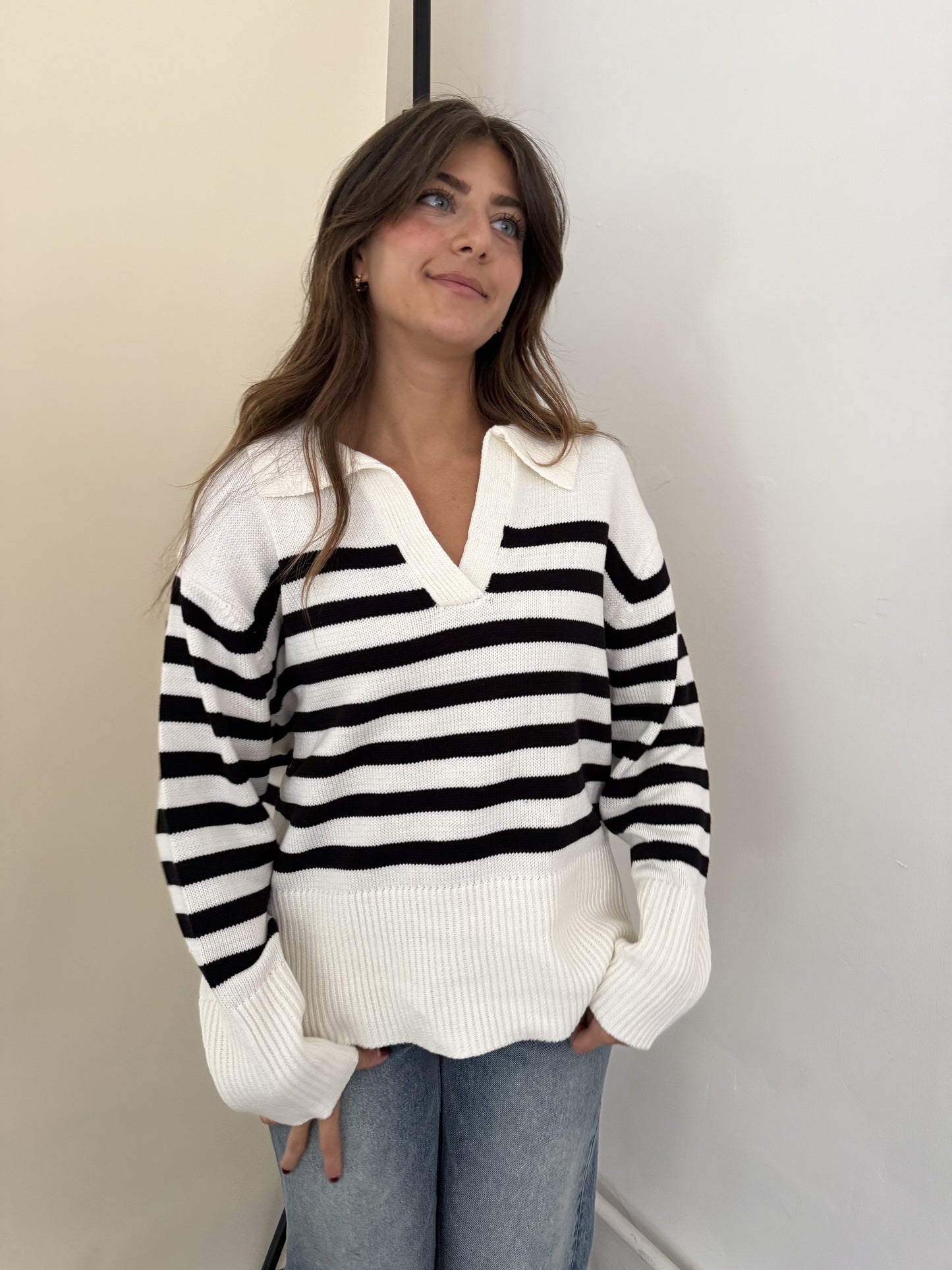 Needii Indie Cream and Black Striped Collared Sweater