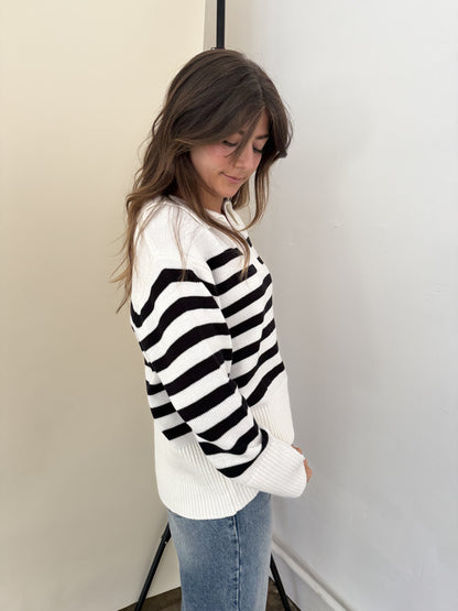 Needii Indie Cream and Black Striped Collared Sweater