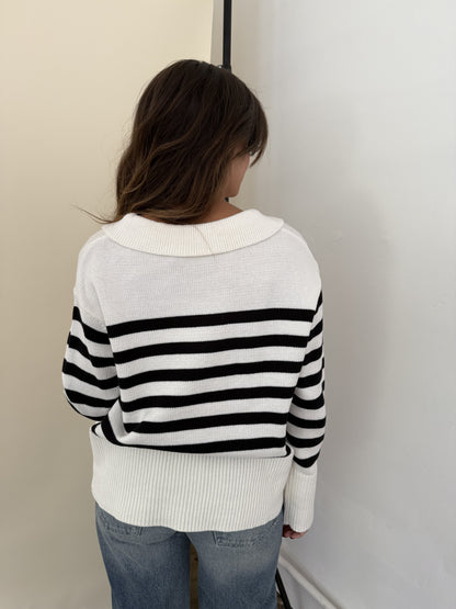 Needii Indie Cream and Black Striped Collared Sweater