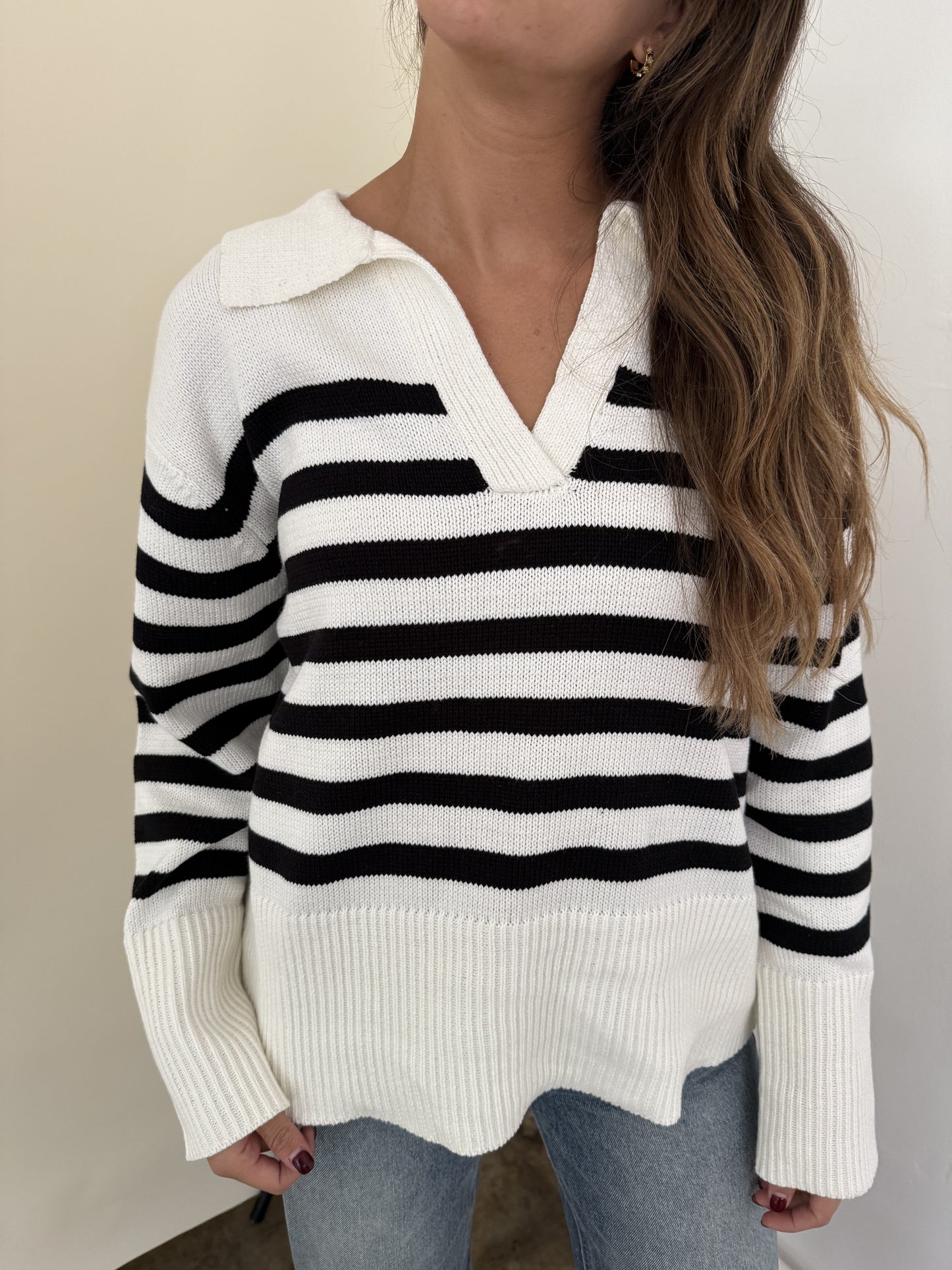 Needii Indie Cream and Black Striped Collared Sweater