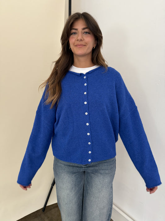 Things Between Piper Knit Rolled Hem Button Cardigan (Blue)