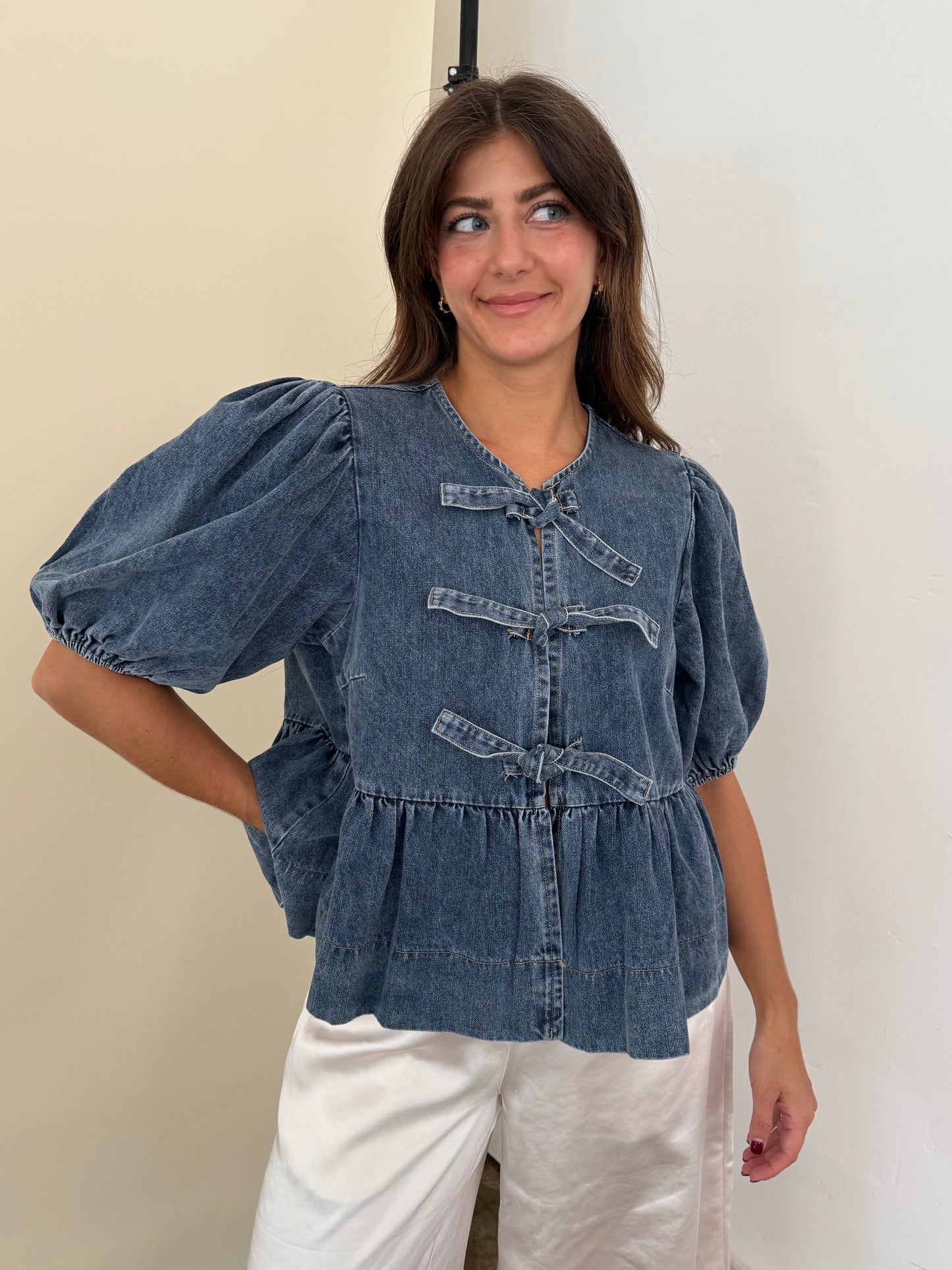 Sofie the Label Cara Medium Wash Denim Poplin Tie Top