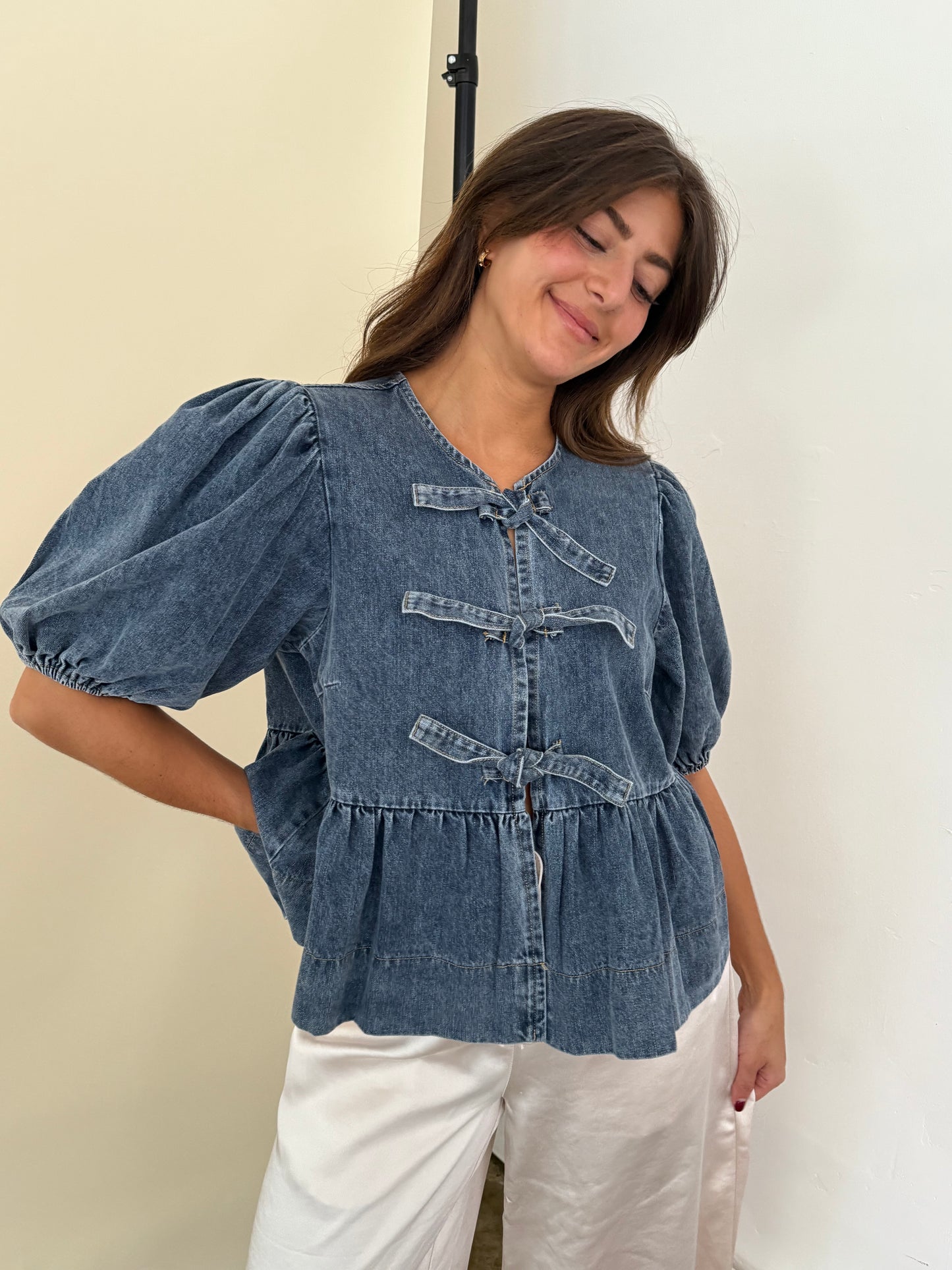 Sofie the Label Cara Medium Wash Denim Poplin Tie Top