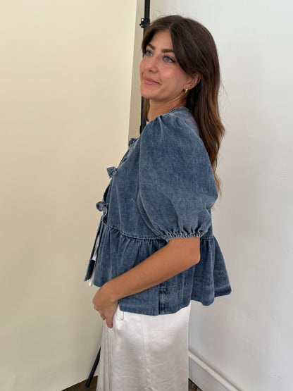 Sofie the Label Cara Medium Wash Denim Poplin Tie Top