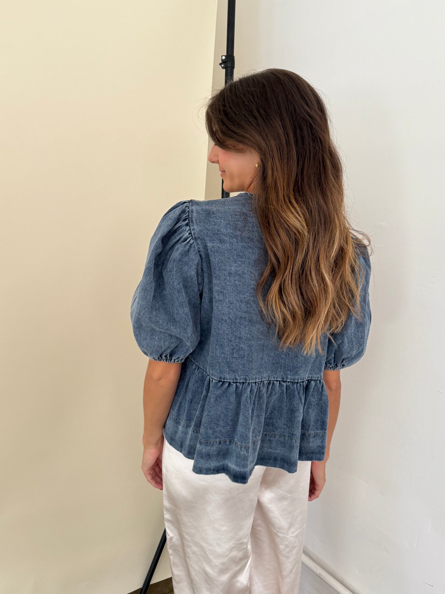 Sofie the Label Cara Medium Wash Denim Poplin Tie Top