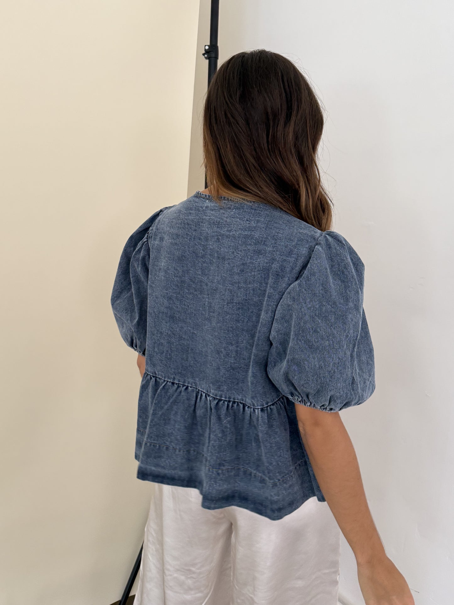 Sofie the Label Cara Medium Wash Denim Poplin Tie Top