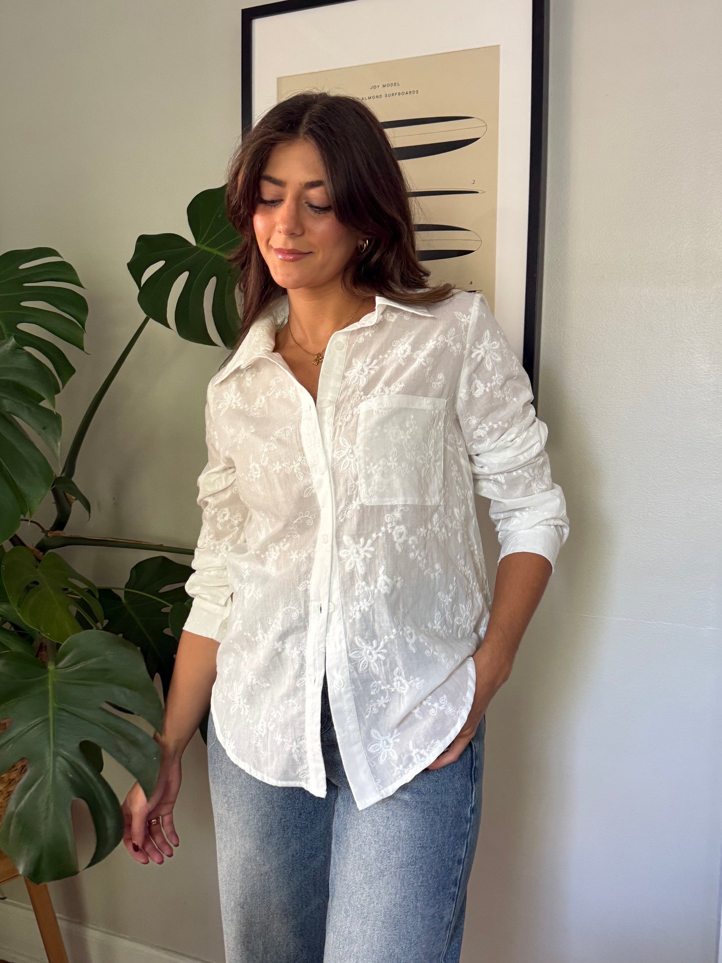 Things Between Jesse White Embroidered Button Down Top