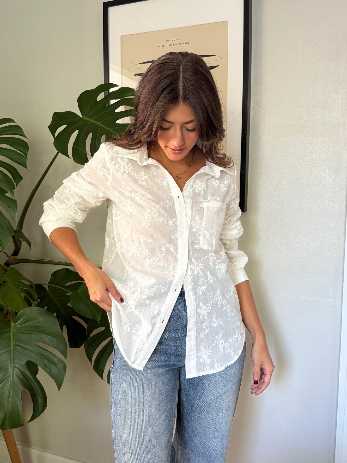 Things Between Jesse White Embroidered Button Down Top