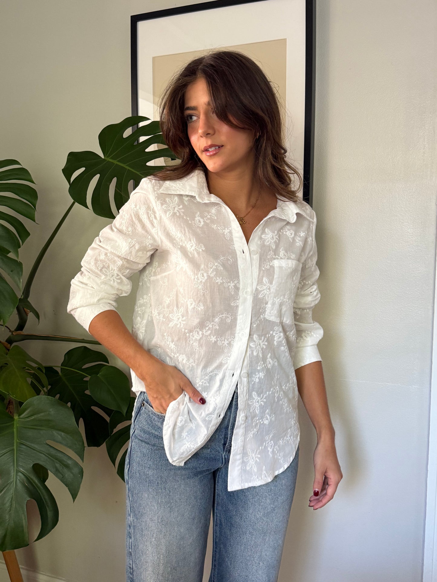 Things Between Jesse White Embroidered Button Down Top