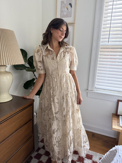 Sofie the Label Julia Beige Floral Overlay Tiered Midi Dress