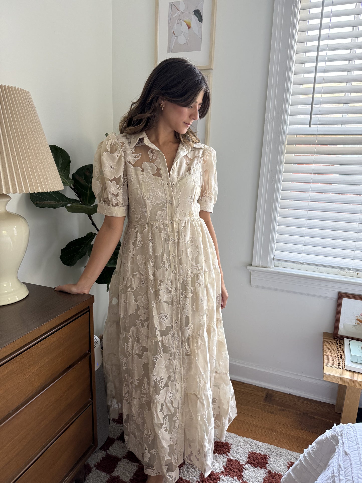 Sofie the Label Julia Beige Floral Overlay Tiered Midi Dress