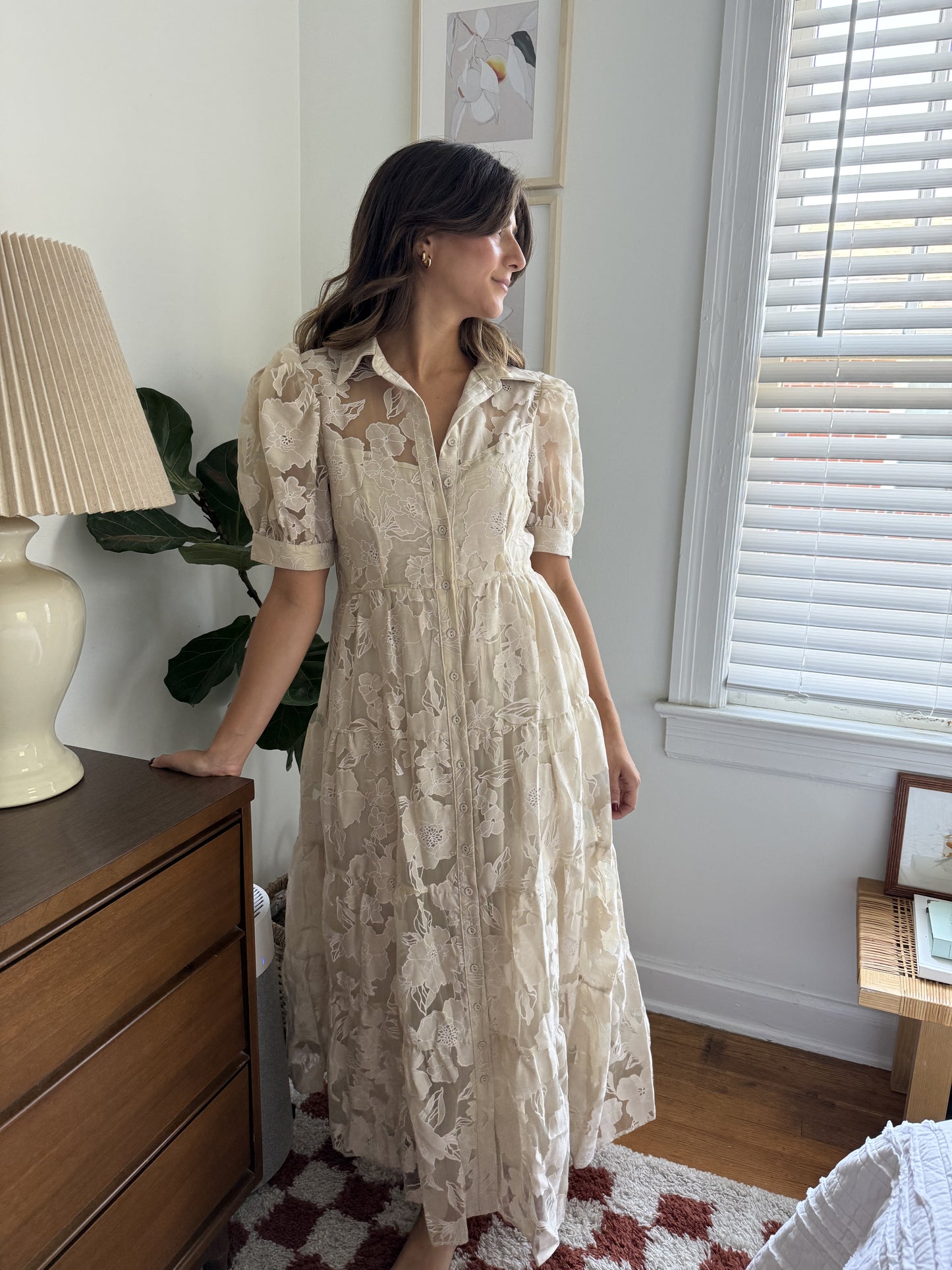 Sofie the Label Julia Beige Floral Overlay Tiered Midi Dress