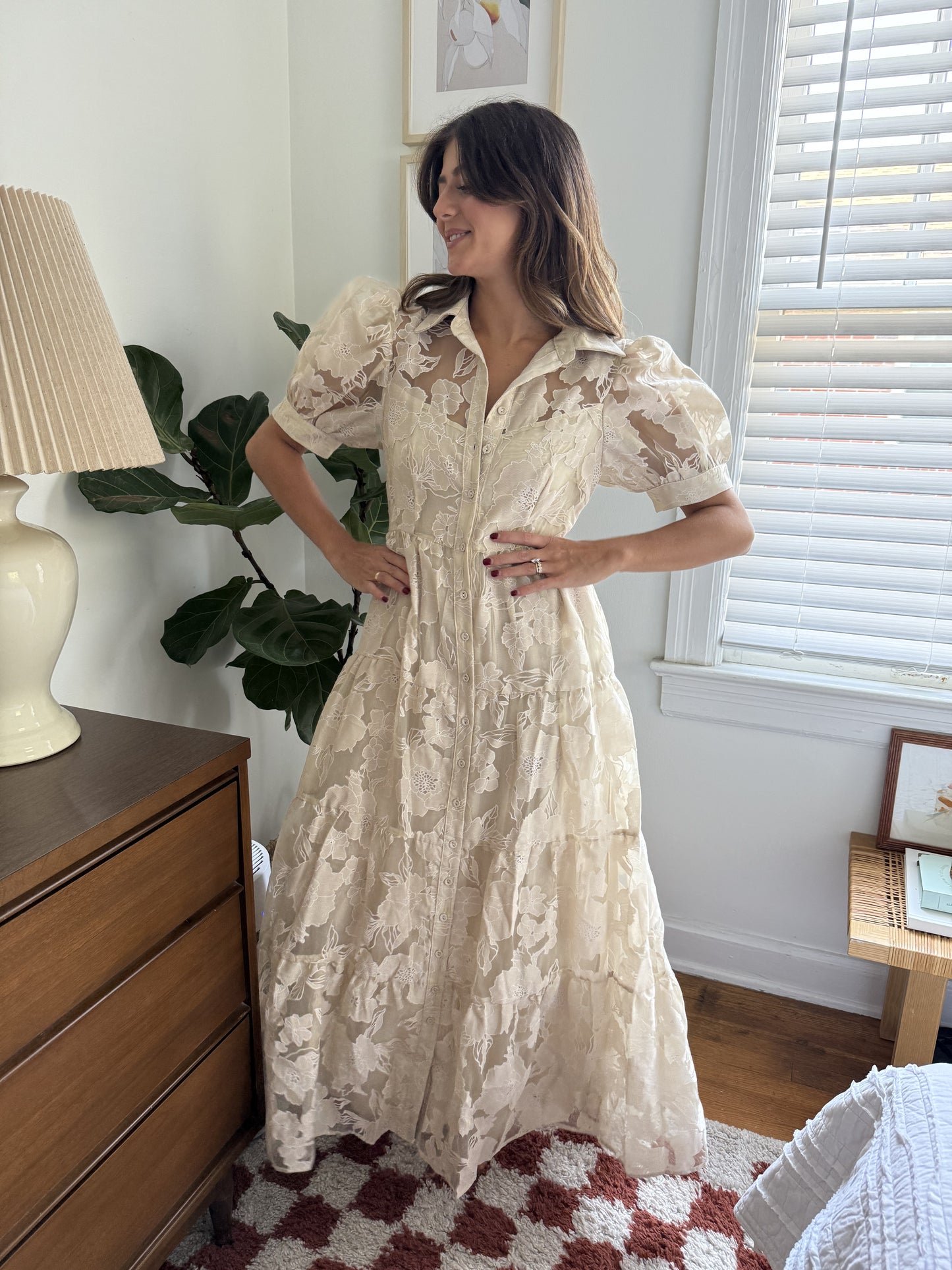 Sofie the Label Julia Beige Floral Overlay Tiered Midi Dress