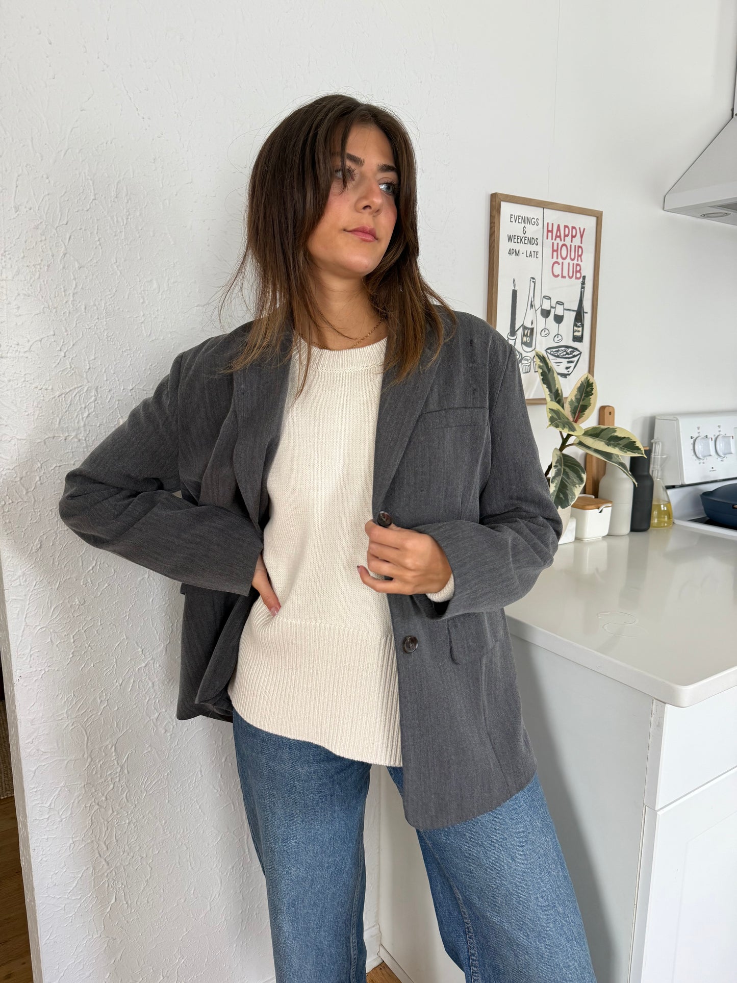 Kerry Oversized Herringbone Blazer (Grey)