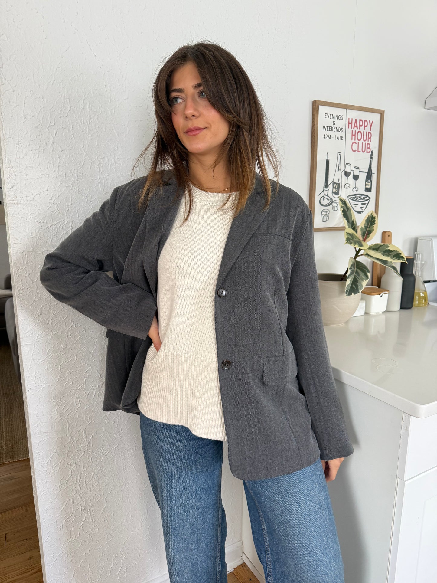 Kerry Oversized Herringbone Blazer (Grey)