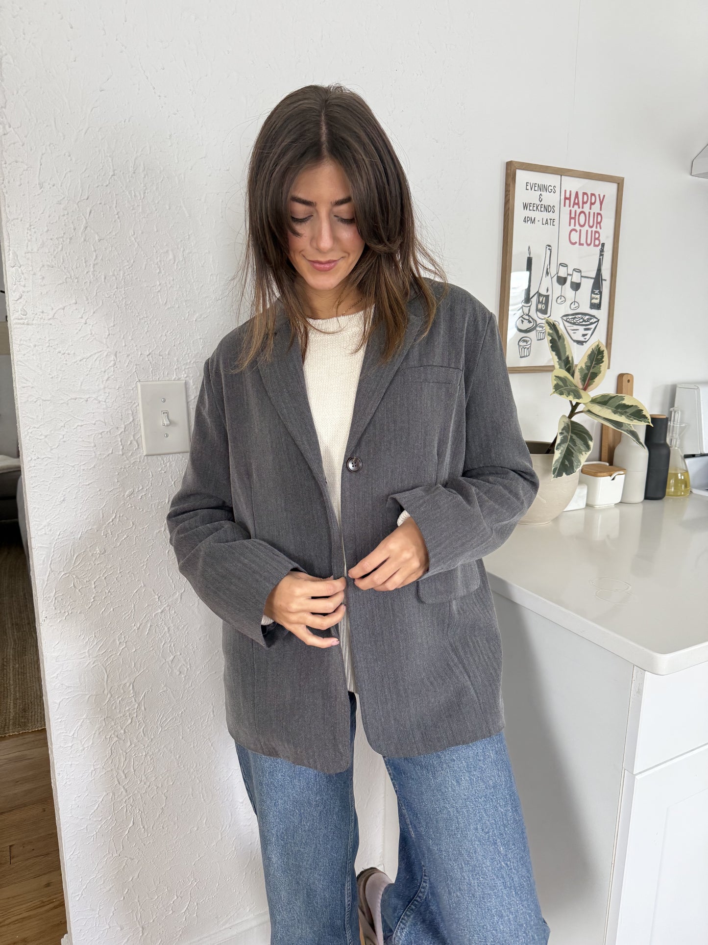 Kerry Oversized Herringbone Blazer (Grey)