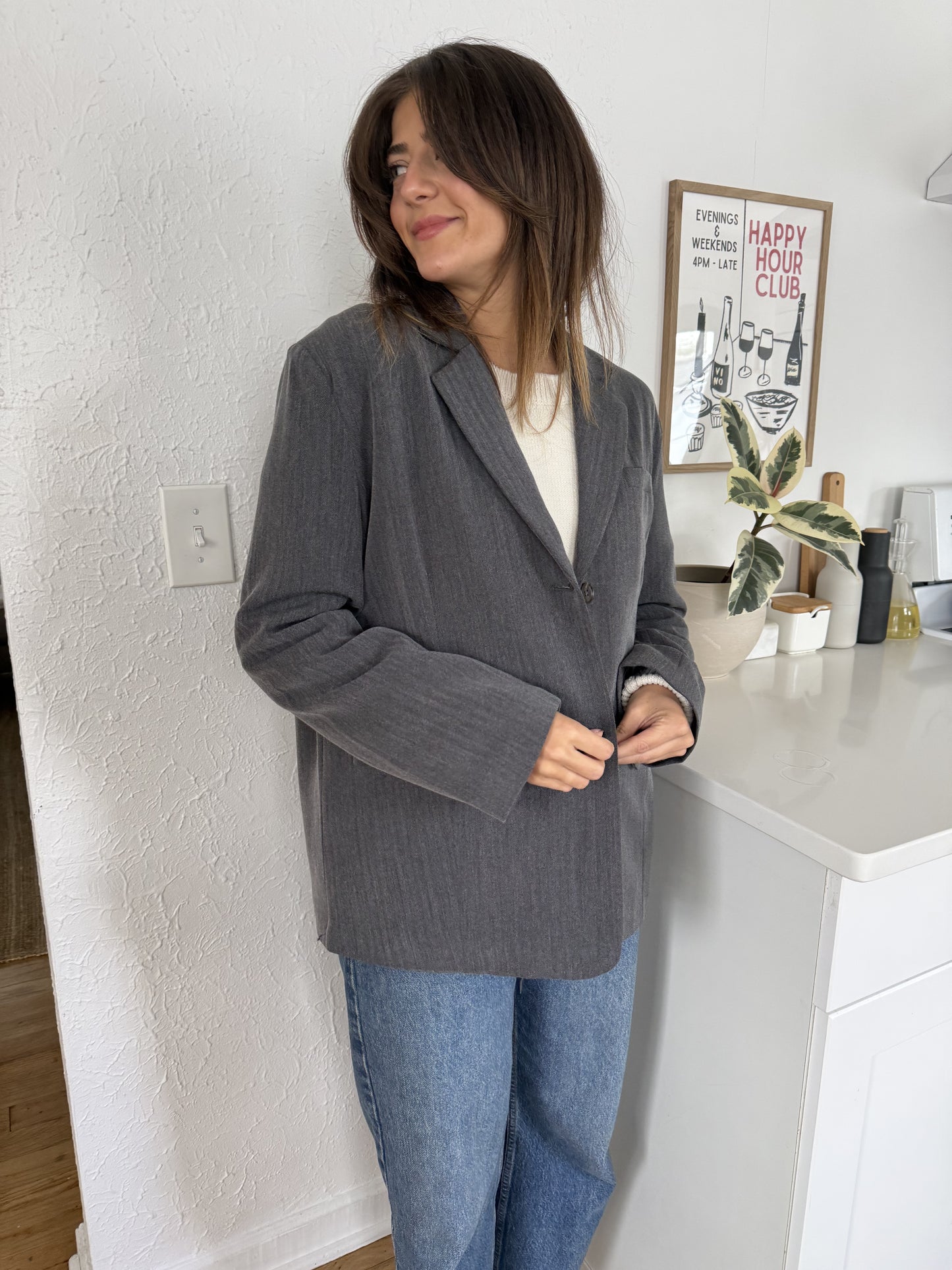 Kerry Oversized Herringbone Blazer (Grey)