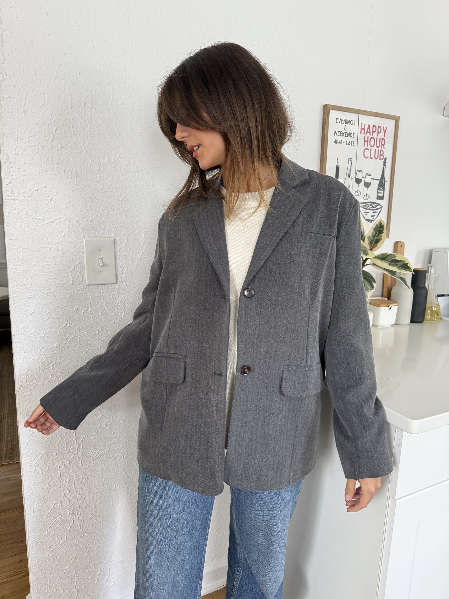 Kerry Oversized Herringbone Blazer (Grey)