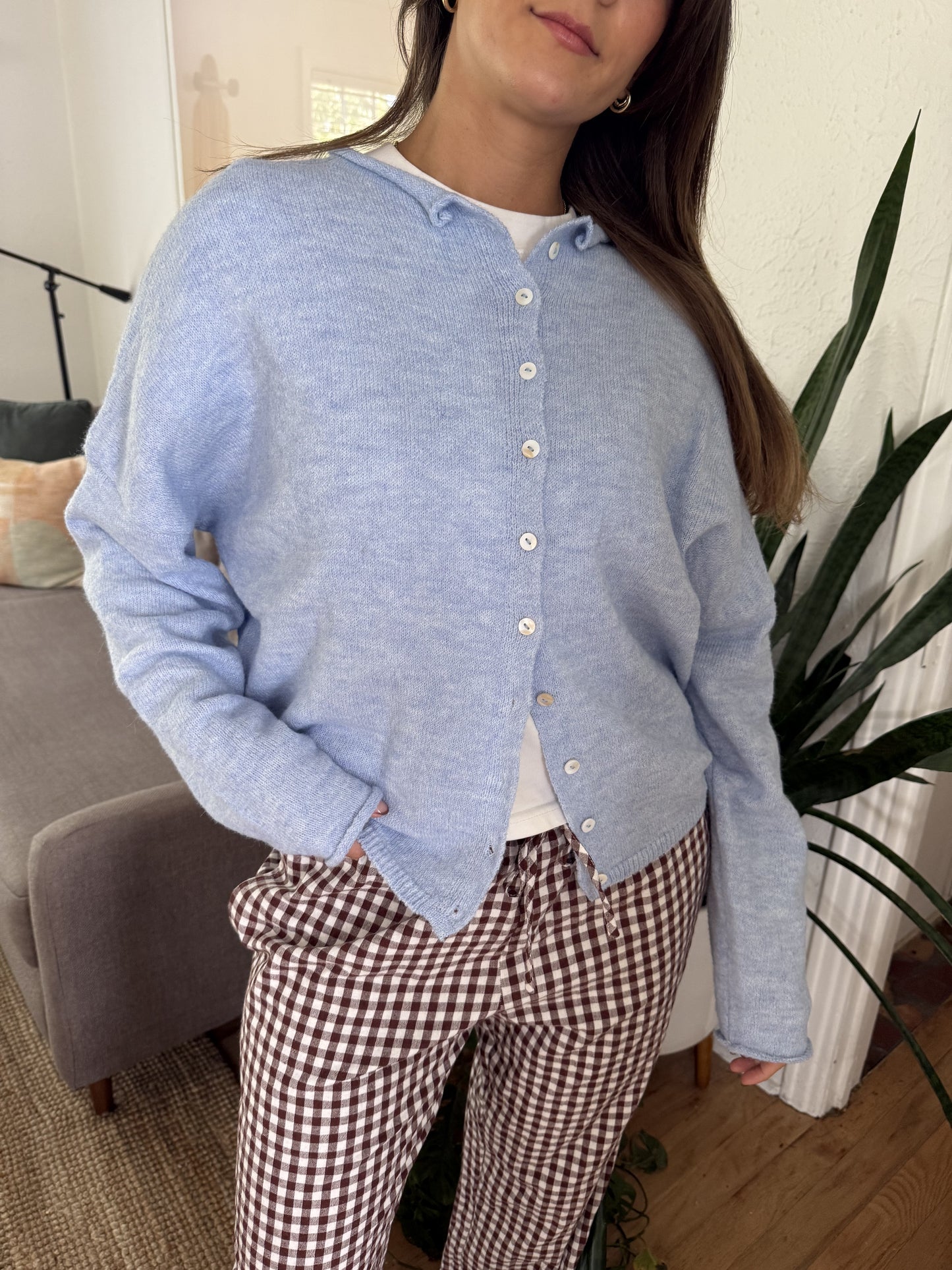 Things Between Piper Knit Rolled Hem Button Cardigan (Light Blue)