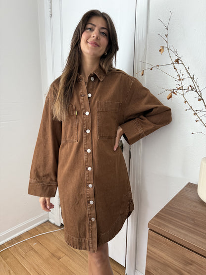 FRNCH Domitille Camel Denim Buttoned Shirt Mini Dress