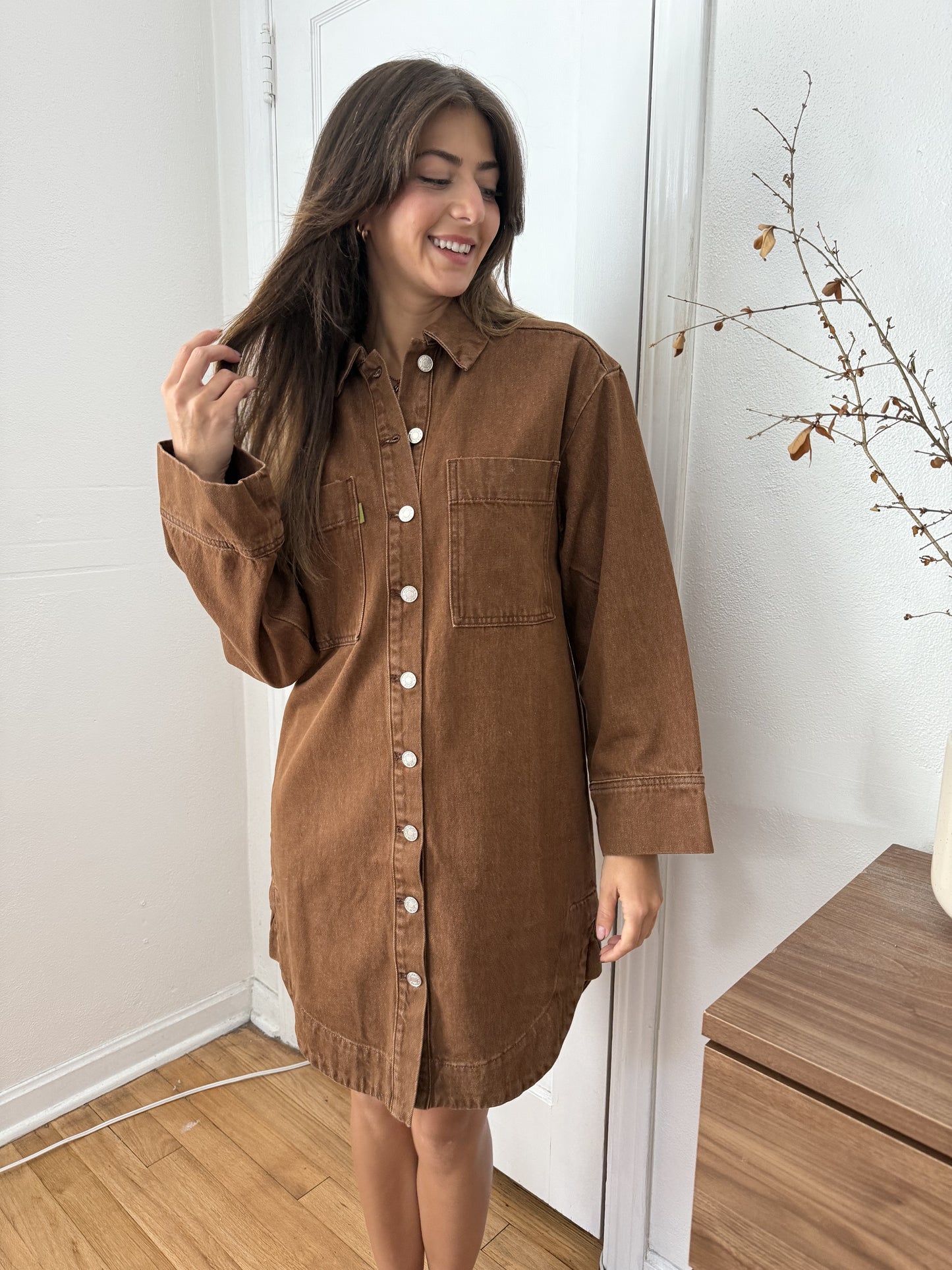 FRNCH Domitille Camel Denim Buttoned Shirt Mini Dress