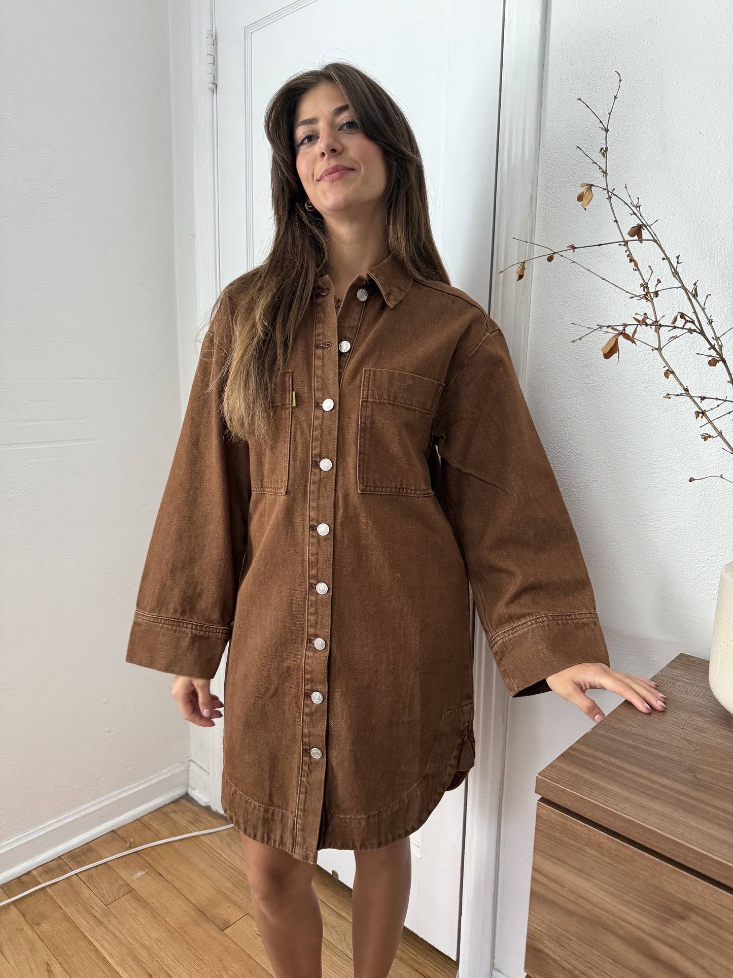 FRNCH Domitille Camel Denim Buttoned Shirt Mini Dress