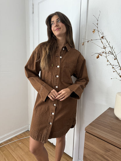 FRNCH Domitille Camel Denim Buttoned Shirt Mini Dress