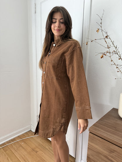 FRNCH Domitille Camel Denim Buttoned Shirt Mini Dress