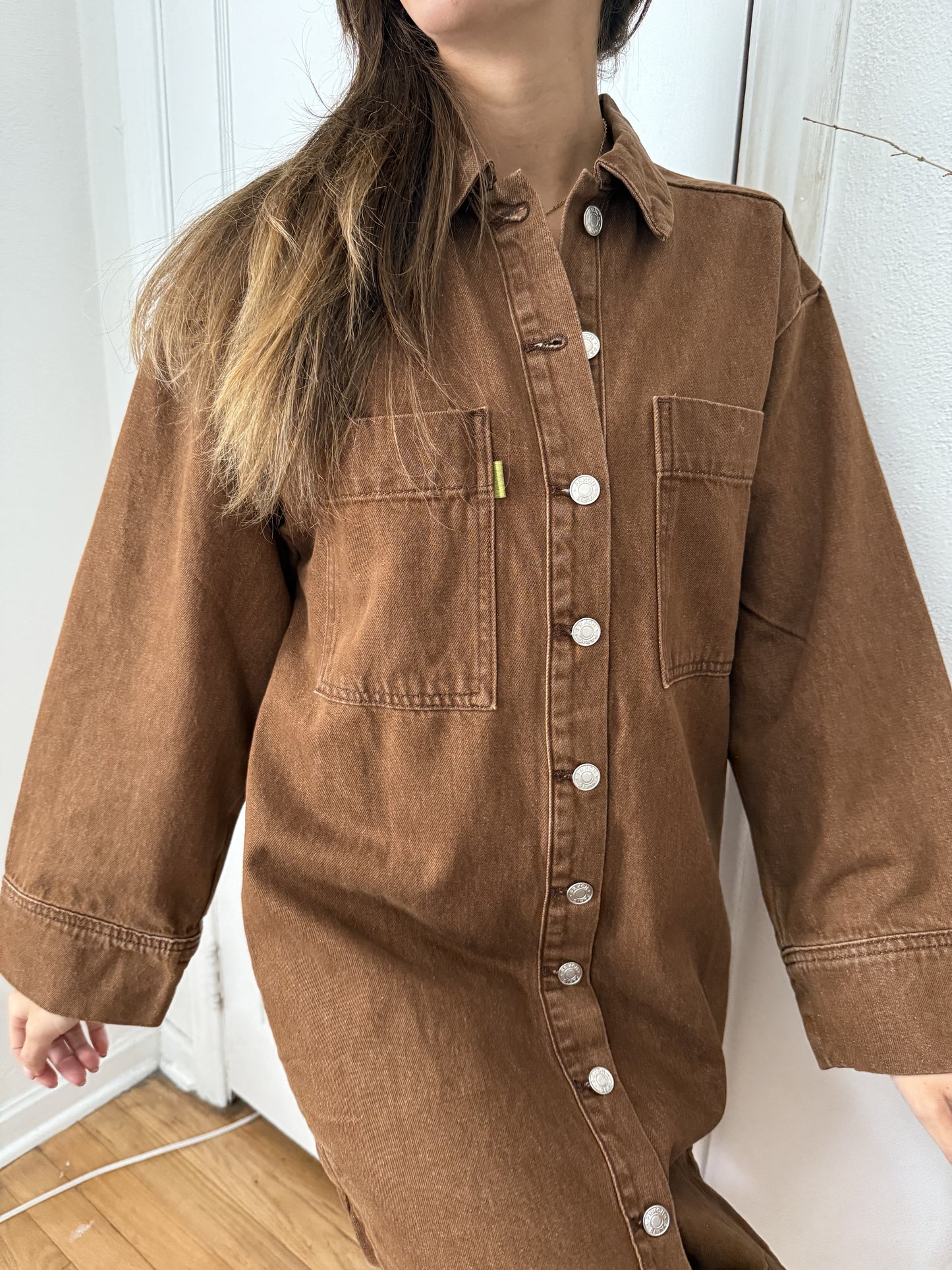 FRNCH Domitille Camel Denim Buttoned Shirt Mini Dress