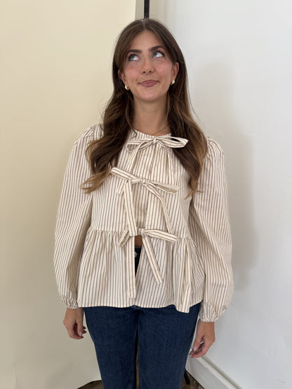 Miou Muse Luna Neutral Striped Cotton Tie Top