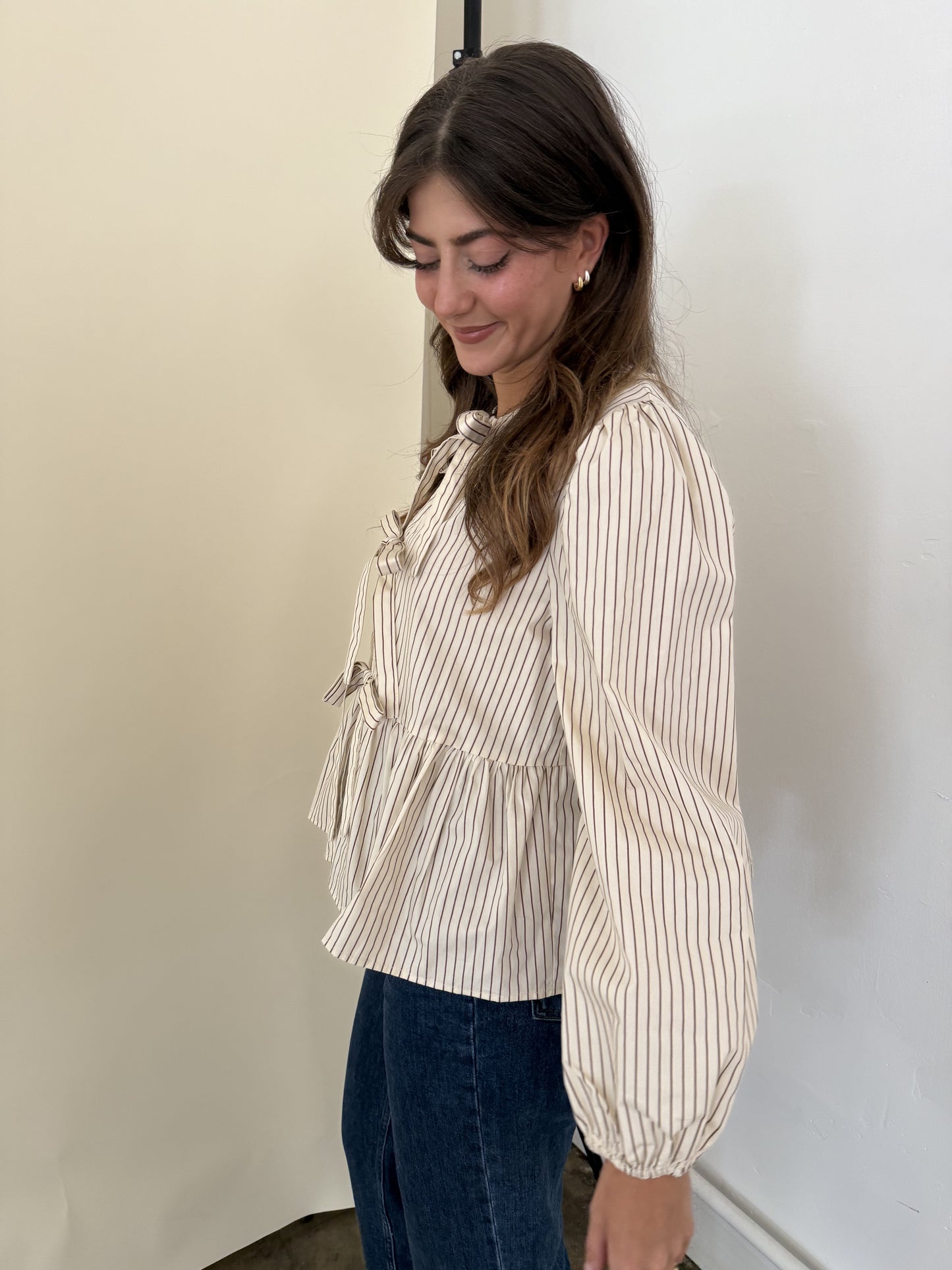 Miou Muse Luna Neutral Striped Cotton Tie Top