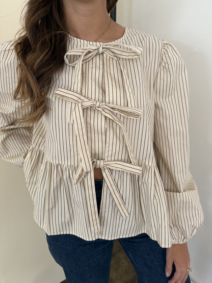 Miou Muse Luna Neutral Striped Cotton Tie Top