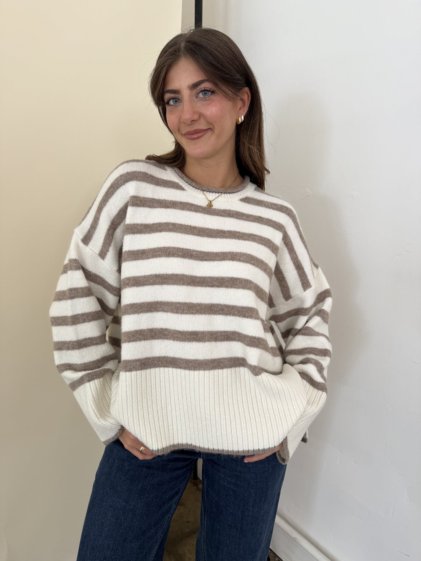 Lydia Striped Knit Pullover Sweater (Cream)