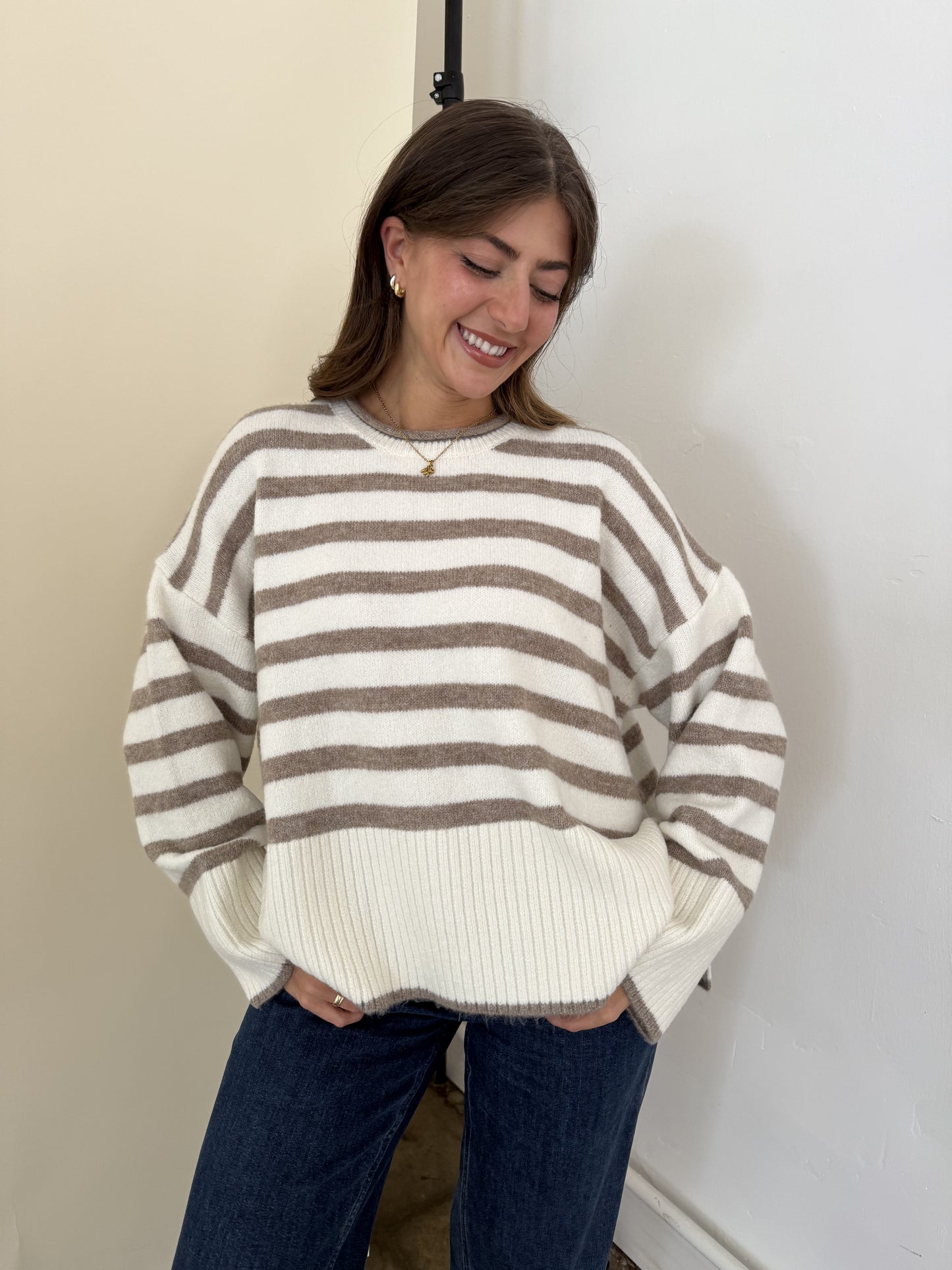 Lydia Striped Knit Pullover Sweater (Cream)