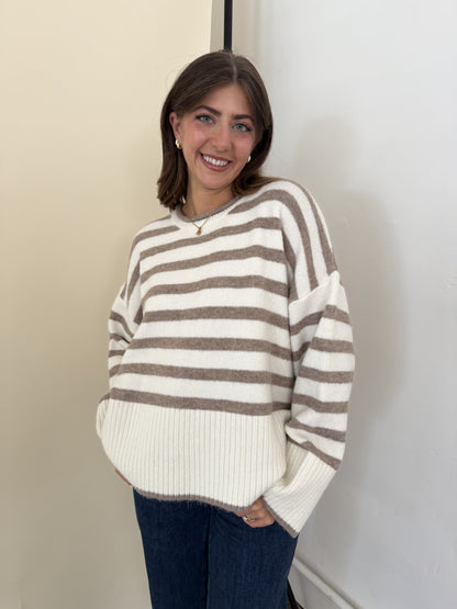 Lydia Striped Knit Pullover Sweater (Cream)